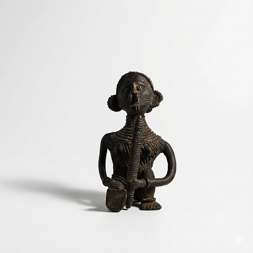 Black Dhokra Tribal Woman with Dhinki (Husk Lever) – Handmade Bronze Figurine | Rare Black Dhokra Metal Craft