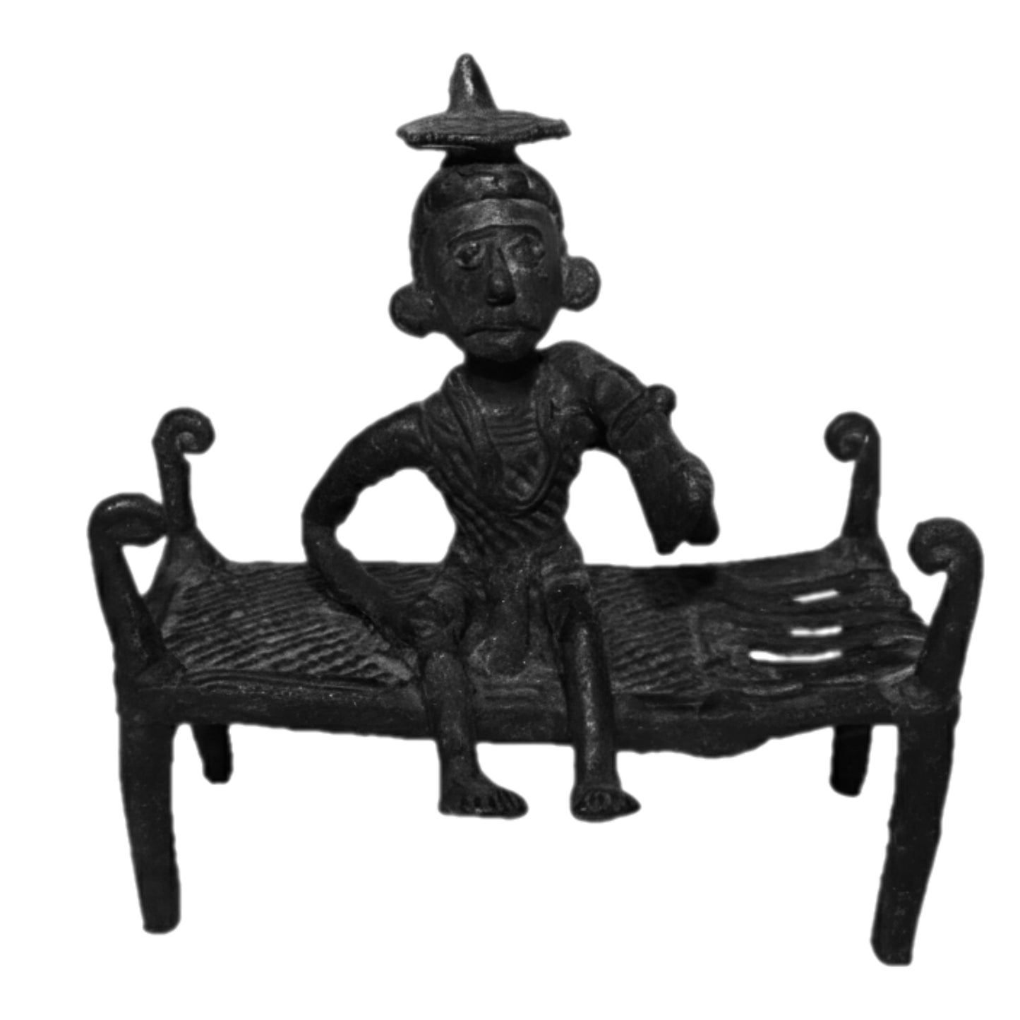 Black Dhokra Tribal Man Sitting on Cot with Shotgun – Handmade Bronze Figurine | Rare Black Dhokra Art