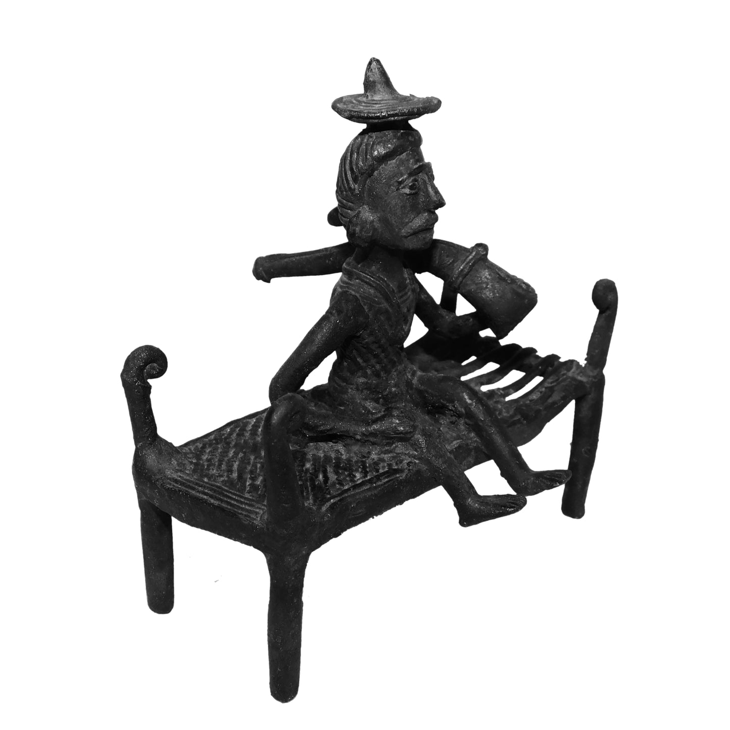 Black Dhokra Tribal Man Sitting on Cot with Shotgun – Handmade Bronze Figurine | Rare Black Dhokra Art