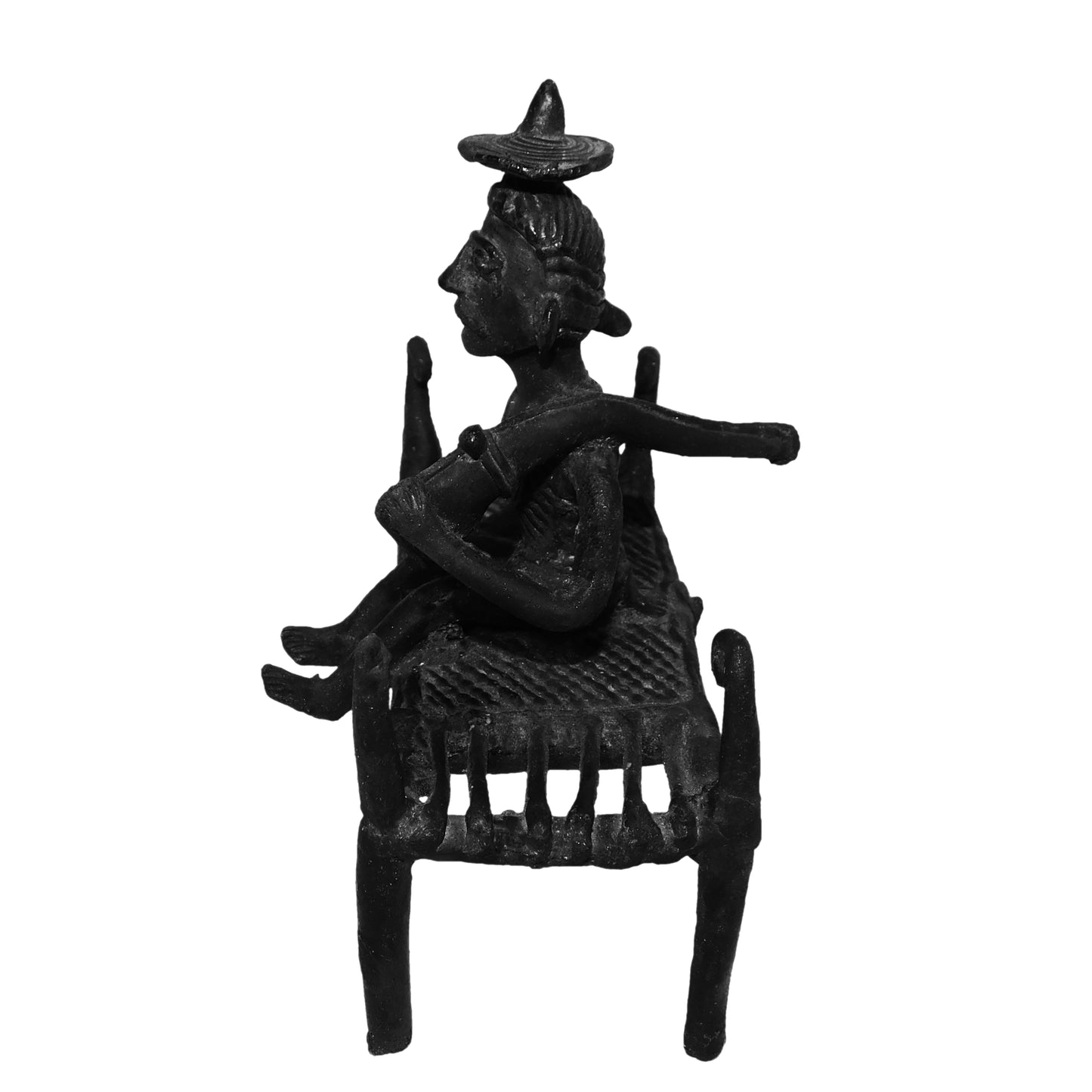 Black Dhokra Tribal Man Sitting on Cot with Shotgun – Handmade Bronze Figurine | Rare Black Dhokra Art