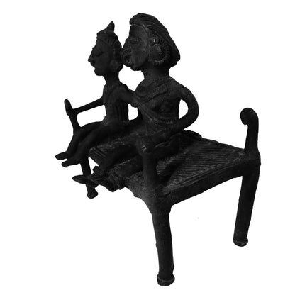 Black Dhokra Man and Woman Sitting on Cot – Handmade Bronze Couple Figurine | Rare Dhokra Metal Art