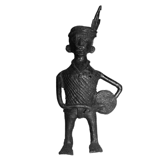 Black Dhokra Tribal Musician Figurine Playing Dhapu – Rare Black Dhokra Metal Art Statue Handmade in Odisha