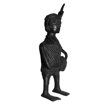 Black Dhokra Tribal Musician Figurine Playing Dhapu – Rare Black Dhokra Metal Art Statue Handmade in Odisha