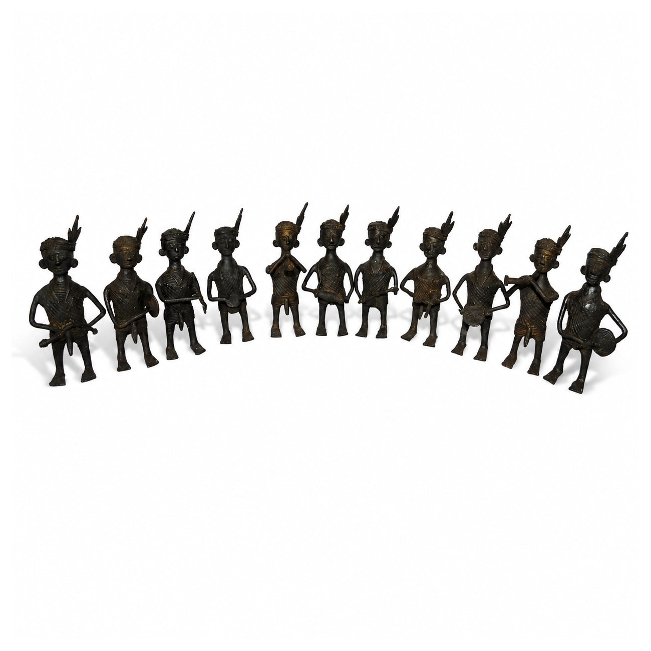 Black Dhokra Pack of 11 Tribal Musician Figurines – Handmade Bronze Dhokra Metal Craft Set