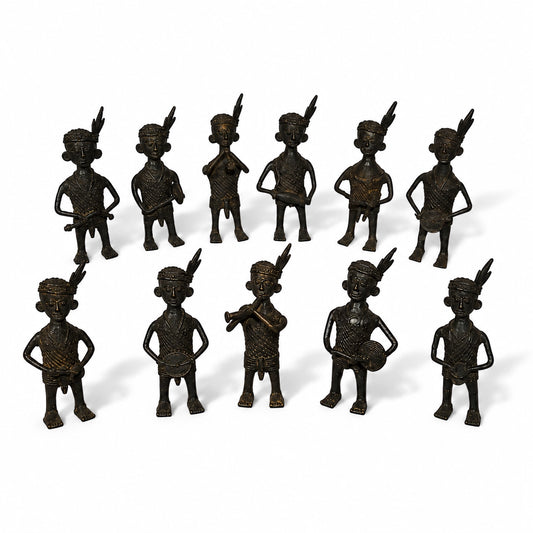 Black Dhokra Pack of 11 Tribal Musician Figurines – Handmade Bronze Dhokra Metal Craft Set