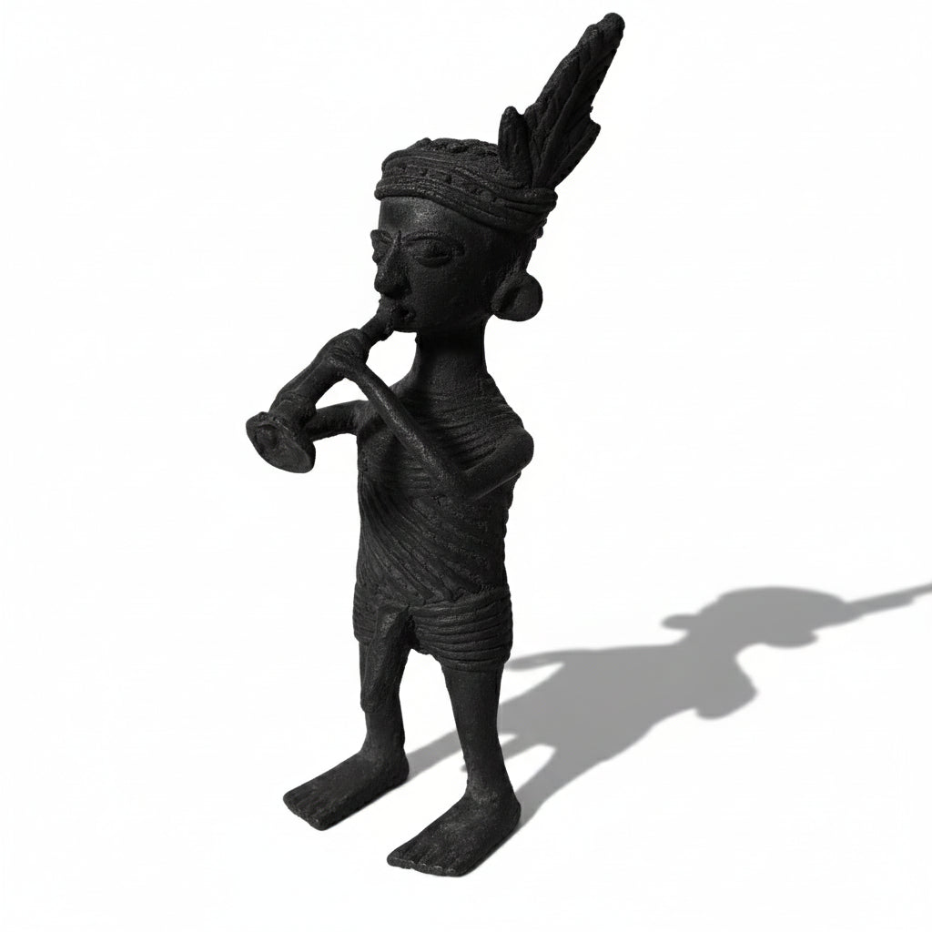 Black Dhokra Tribal Musician Mahuri Figurine | Handmade Bronze Dhokra Art