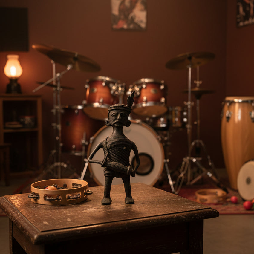 Black Dhokra Tribal Musician Dhulia Figurine | Handmade Bronze Dhokra Art