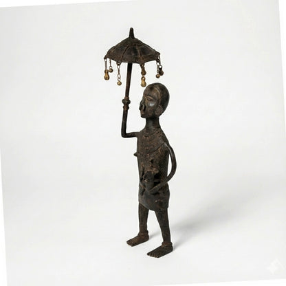 Woman with Baby & Parasol Golden Dhokra Craft | Handmade Bronze Tribal Motherhood Dhokra Sculpture