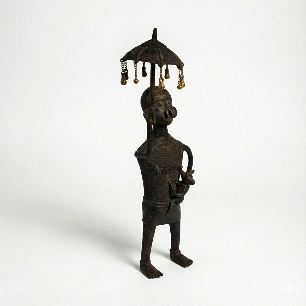 Woman with Baby & Parasol Golden Dhokra Craft | Handmade Bronze Tribal Motherhood Dhokra Sculpture
