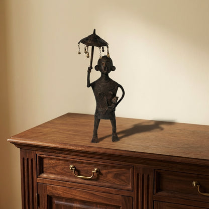 Woman with Baby & Parasol Golden Dhokra Craft | Handmade Bronze Tribal Motherhood Dhokra Sculpture