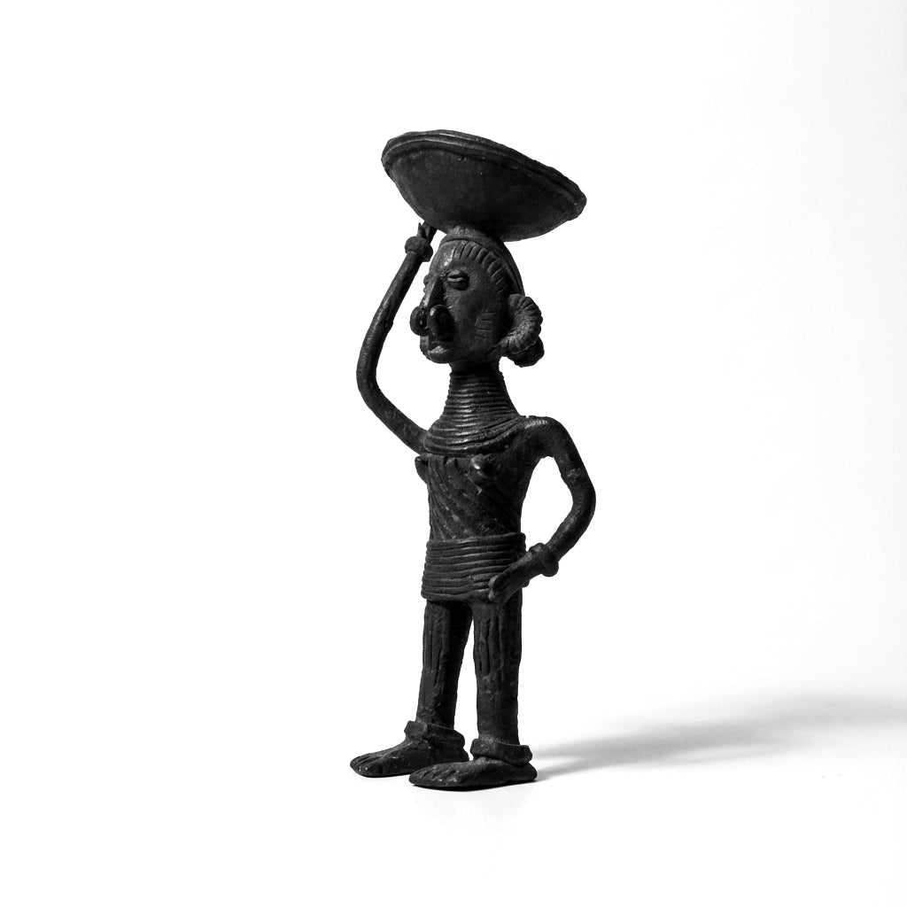 Black Dhokra Woman Holding Basket – Handmade Bronze Figurine | Rare Dhokra Metal Art