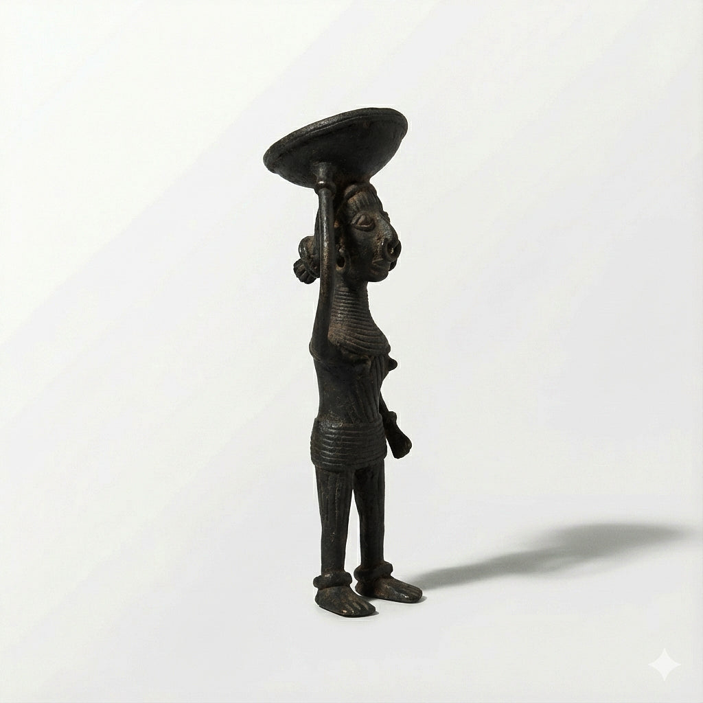 Black Dhokra Woman Holding Basket – Handmade Bronze Figurine | Rare Dhokra Metal Art
