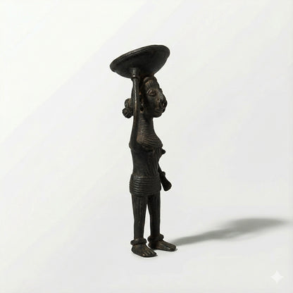 Black Dhokra Woman Holding Basket – Handmade Bronze Figurine | Rare Dhokra Metal Art