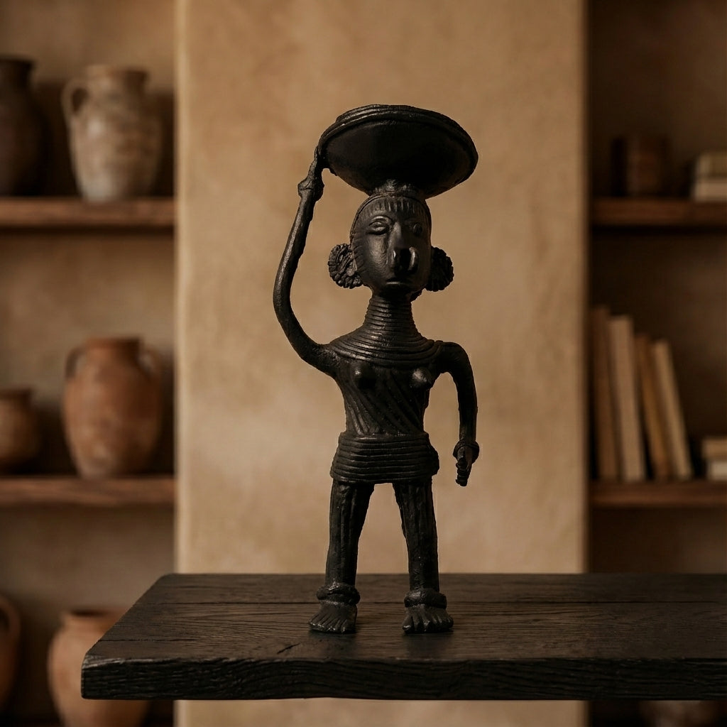 Black Dhokra Woman Holding Basket – Handmade Bronze Figurine | Rare Dhokra Metal Art