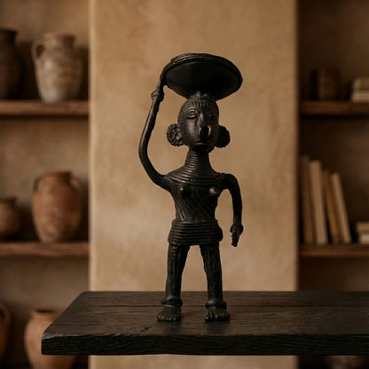 Black Dhokra Woman Holding Basket – Handmade Bronze Figurine | Rare Dhokra Metal Art
