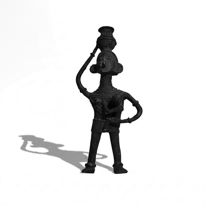 Black Dhokra Woman Carrying Baby & Pot – Handmade Bronze Figurine | Rare Dhokra Metal Art