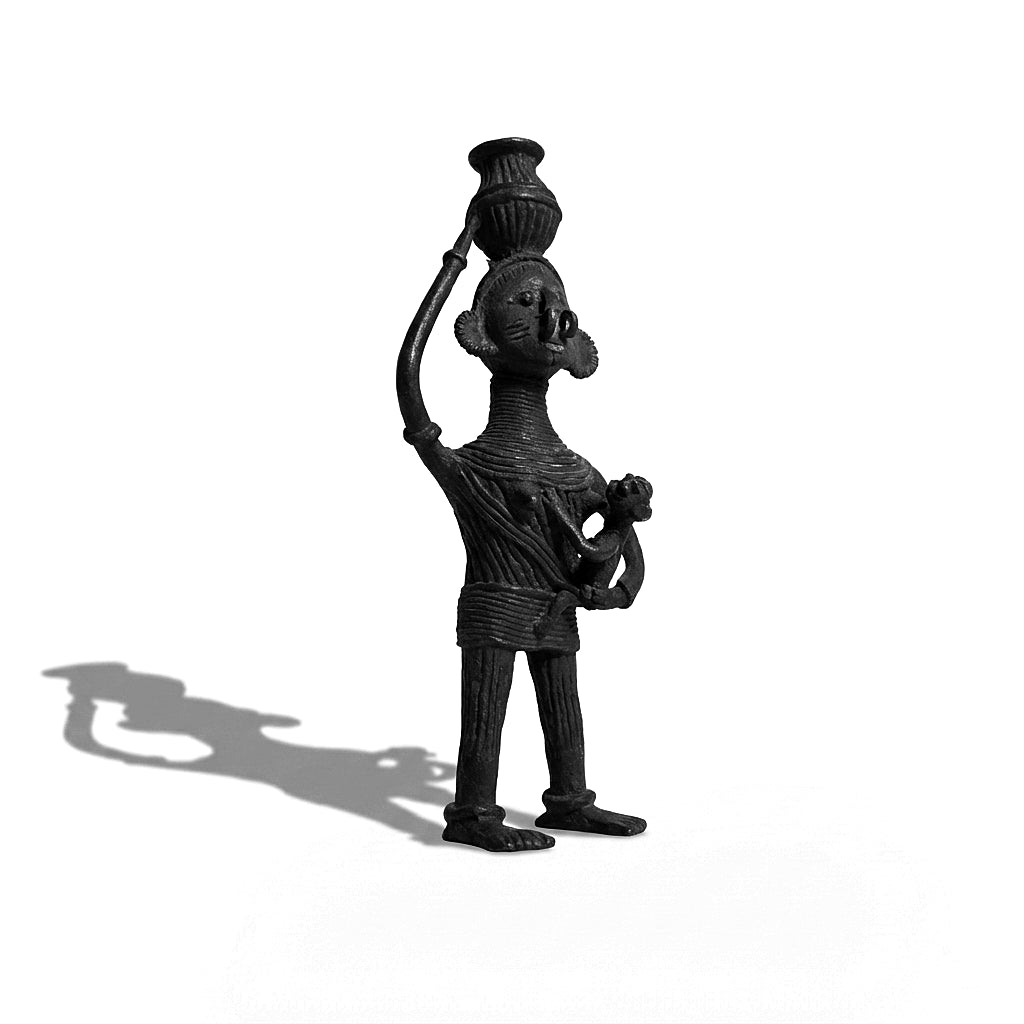 Black Dhokra Woman Carrying Baby & Pot – Handmade Bronze Figurine | Rare Dhokra Metal Art
