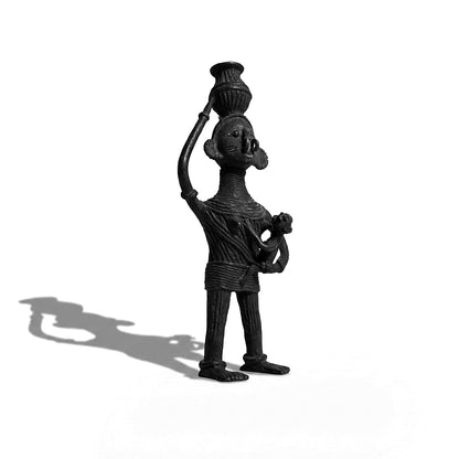 Black Dhokra Woman Carrying Baby & Pot – Handmade Bronze Figurine | Rare Dhokra Metal Art