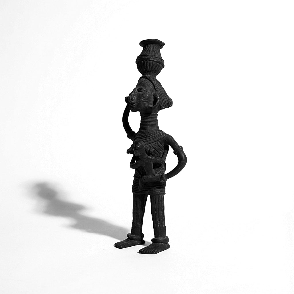 Black Dhokra Woman Carrying Baby & Pot – Handmade Bronze Figurine | Rare Dhokra Metal Art