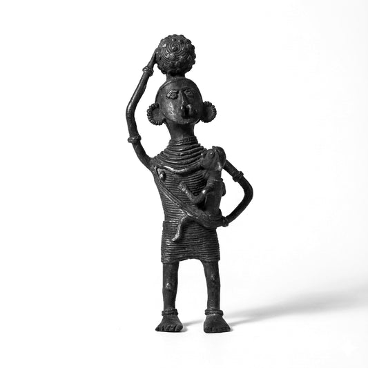 Black Dhokra Woman with Child & Jackfruit Figurine | Tribal Motherhood Bronze Sculpture