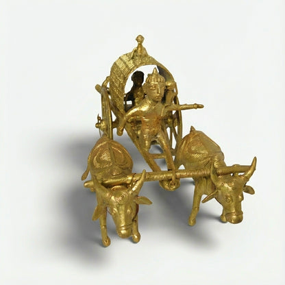 Golden Dhokra Tribal Monkey Bullock Cart Figurine | Handmade Bronze Village Cart Art