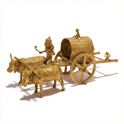Golden Dhokra Tribal Monkey Bullock Cart Figurine | Handmade Bronze Village Cart Art