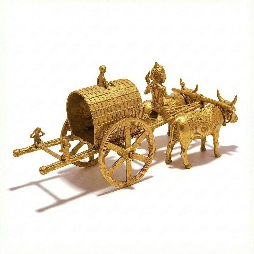 Golden Dhokra Tribal Monkey Bullock Cart Figurine | Handmade Bronze Village Cart Art