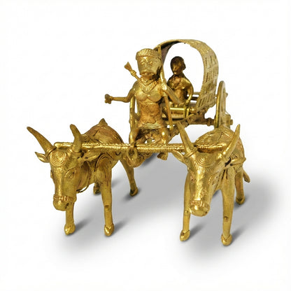 Golden Dhokra Bullock Cart Figurine | Tribal Man on Village Ox Cart – Handmade Brass Dhokra Art