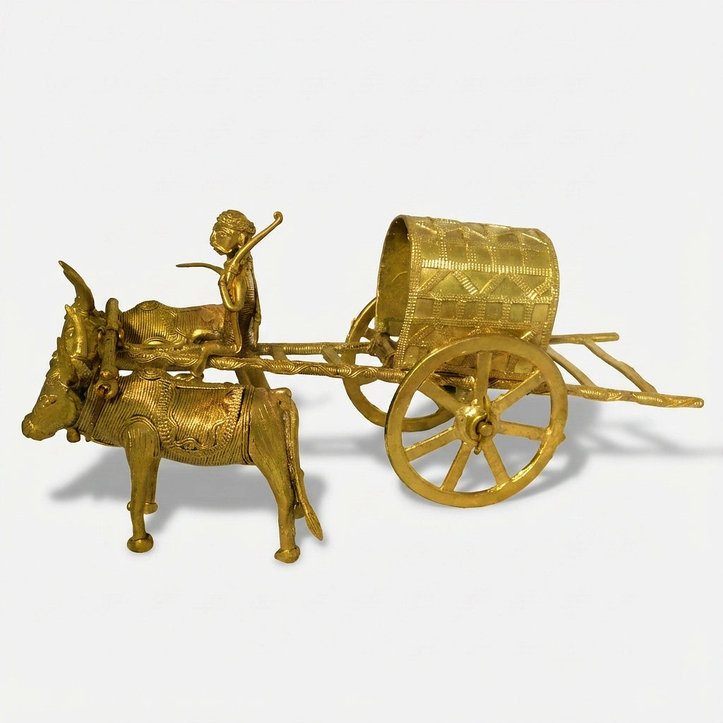 Golden Dhokra Bullock Cart Figurine | Tribal Man on Village Ox Cart – Handmade Brass Dhokra Art
