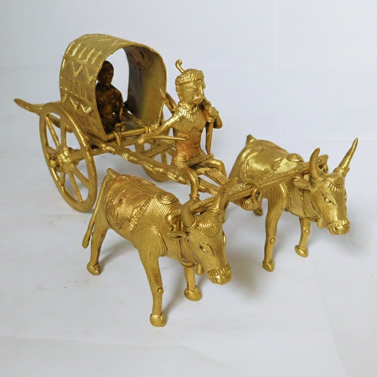 Golden Dhokra Bullock Cart Figurine | Tribal Man on Village Ox Cart – Handmade Brass Dhokra Art