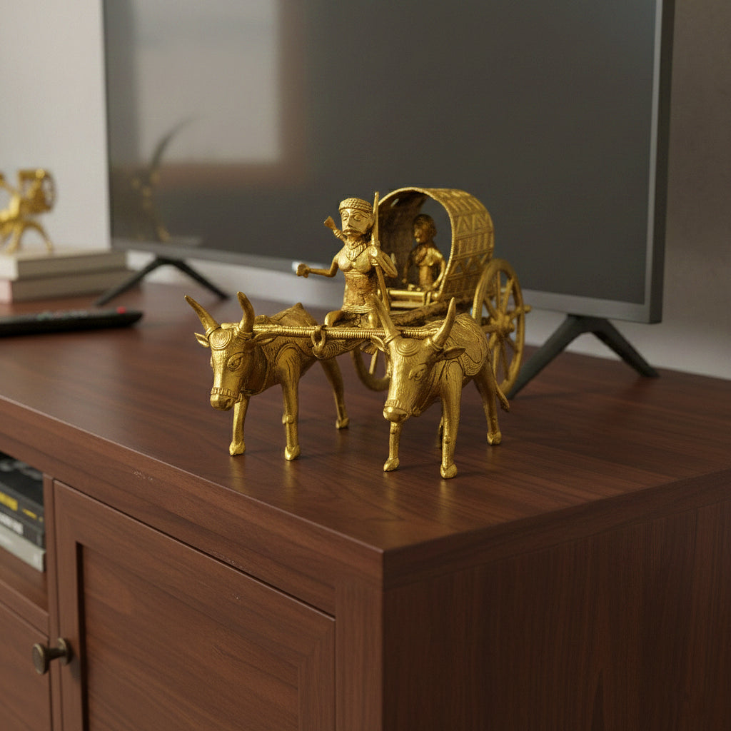 Golden Dhokra Bullock Cart Figurine | Tribal Man on Village Ox Cart – Handmade Brass Dhokra Art