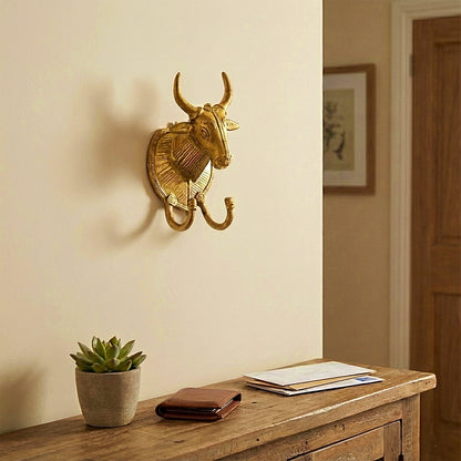 Golden Dhokra Tribal Bull Head Key Holder | Handmade Bronze Wall Key Hanger