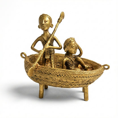 Boatmen Golden Dhokra Craft | Handmade Bronze Boat Sculpture in Dhokra Metal Art