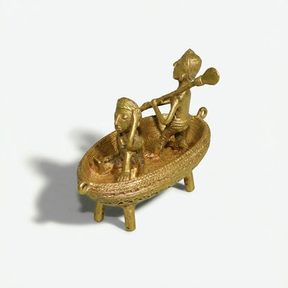 Boatmen Golden Dhokra Craft | Handmade Bronze Boat Sculpture in Dhokra Metal Art