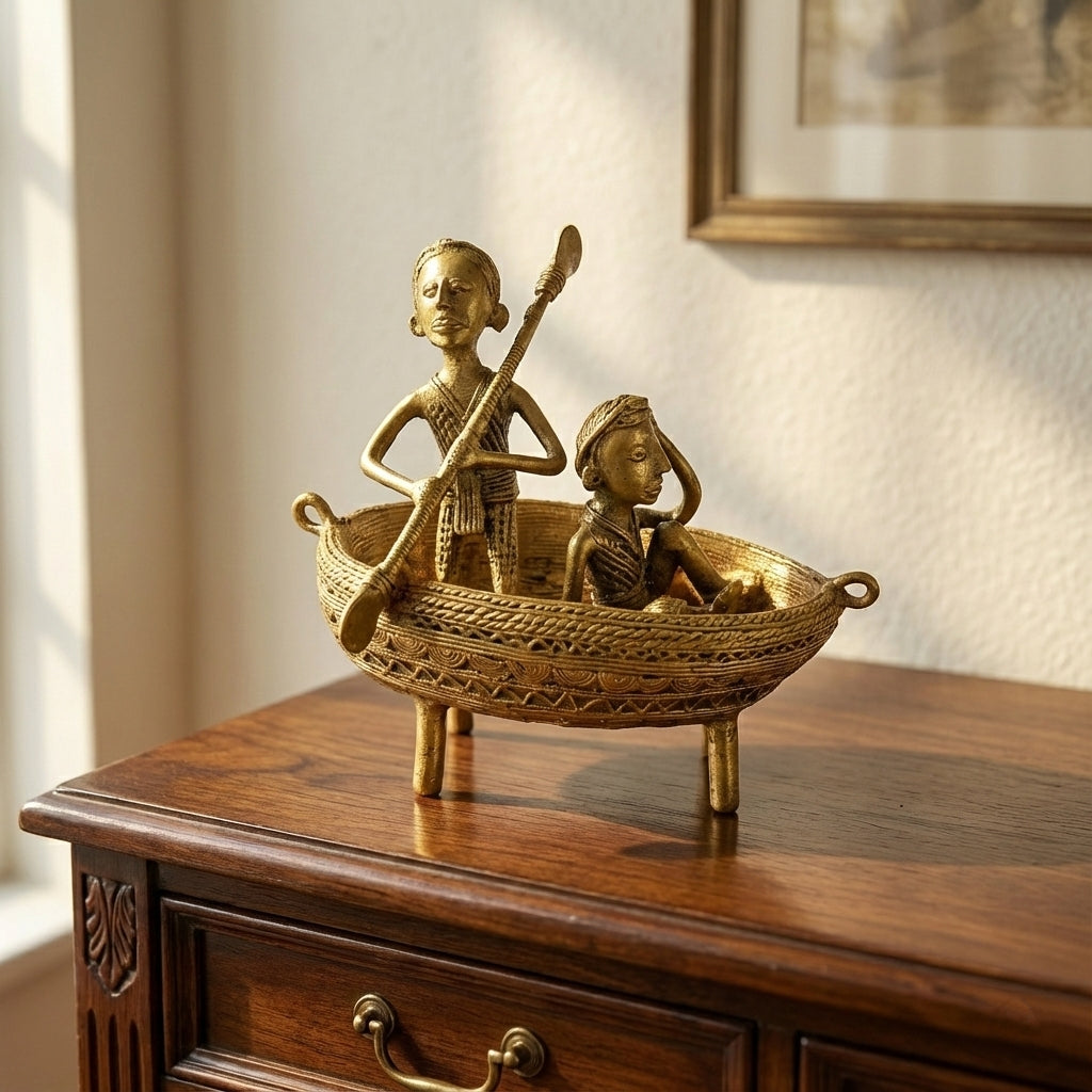 Boatmen Golden Dhokra Craft | Handmade Bronze Boat Sculpture in Dhokra Metal Art