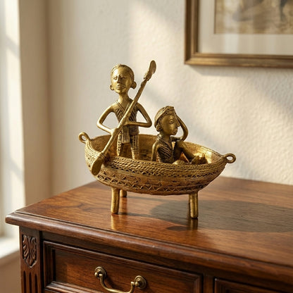 Boatmen Golden Dhokra Craft | Handmade Bronze Boat Sculpture in Dhokra Metal Art