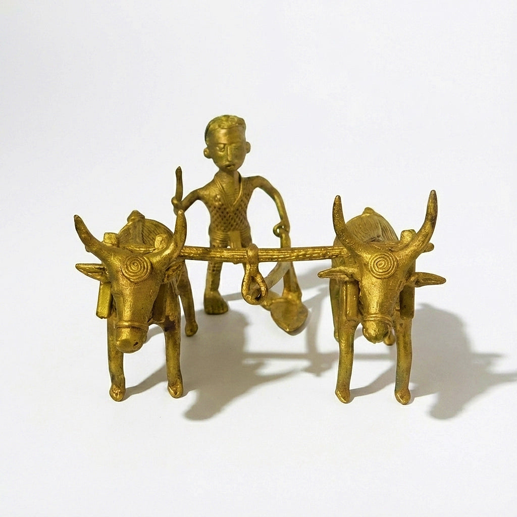 Golden Dhokra Tribal Plough Figurine | Handmade Bronze Traditional Agricultural Plough