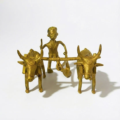 Golden Dhokra Tribal Plough Figurine | Handmade Bronze Traditional Agricultural Plough