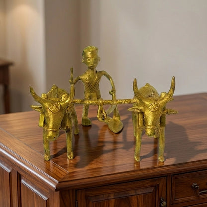 Golden Dhokra Tribal Plough Figurine | Handmade Bronze Traditional Agricultural Plough
