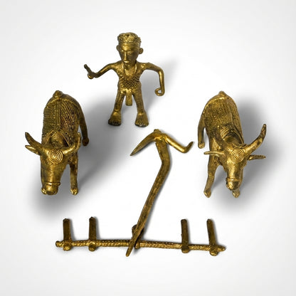 Golden Dhokra Tribal Plough Figurine | Handmade Bronze Traditional Agricultural Plough