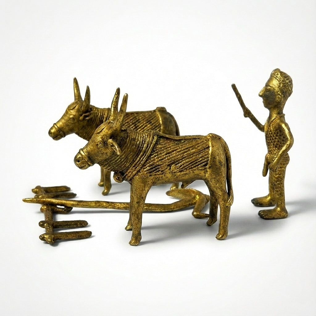 Golden Dhokra Tribal Plough Figurine | Handmade Bronze Traditional Agricultural Plough
