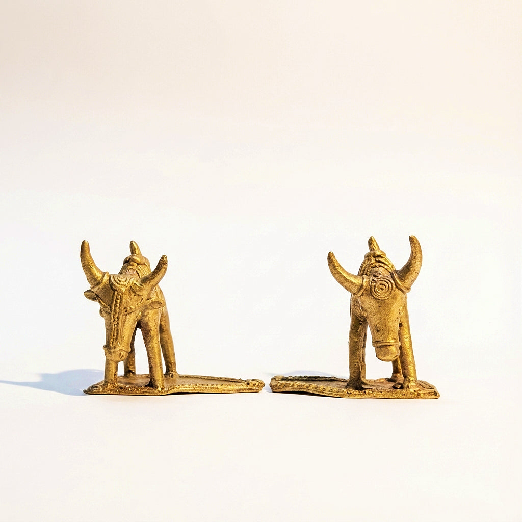 Golden Dhokra Double Bull Figurine | Handmade Bronze Twin Bull Sculpture