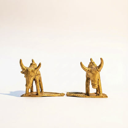 Golden Dhokra Double Bull Figurine | Handmade Bronze Twin Bull Sculpture