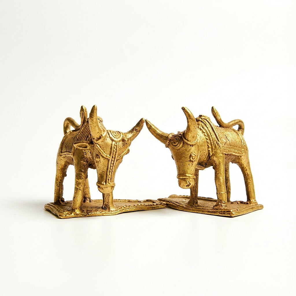 Golden Dhokra Double Bull Figurine | Handmade Bronze Twin Bull Sculpture