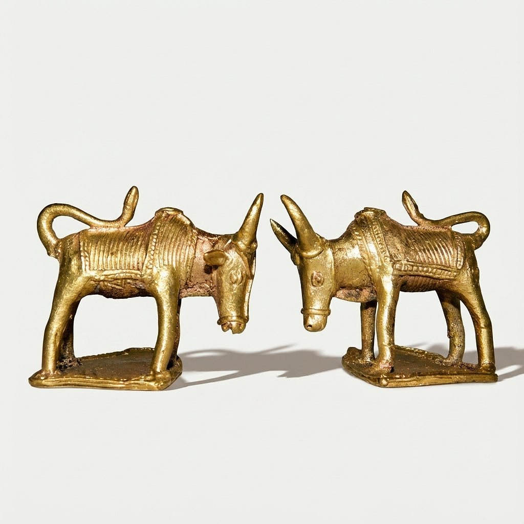 Golden Dhokra Double Bull Figurine | Handmade Bronze Twin Bull Sculpture