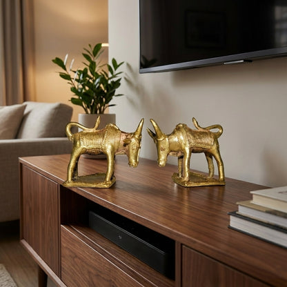 Golden Dhokra Double Bull Figurine | Handmade Bronze Twin Bull Sculpture