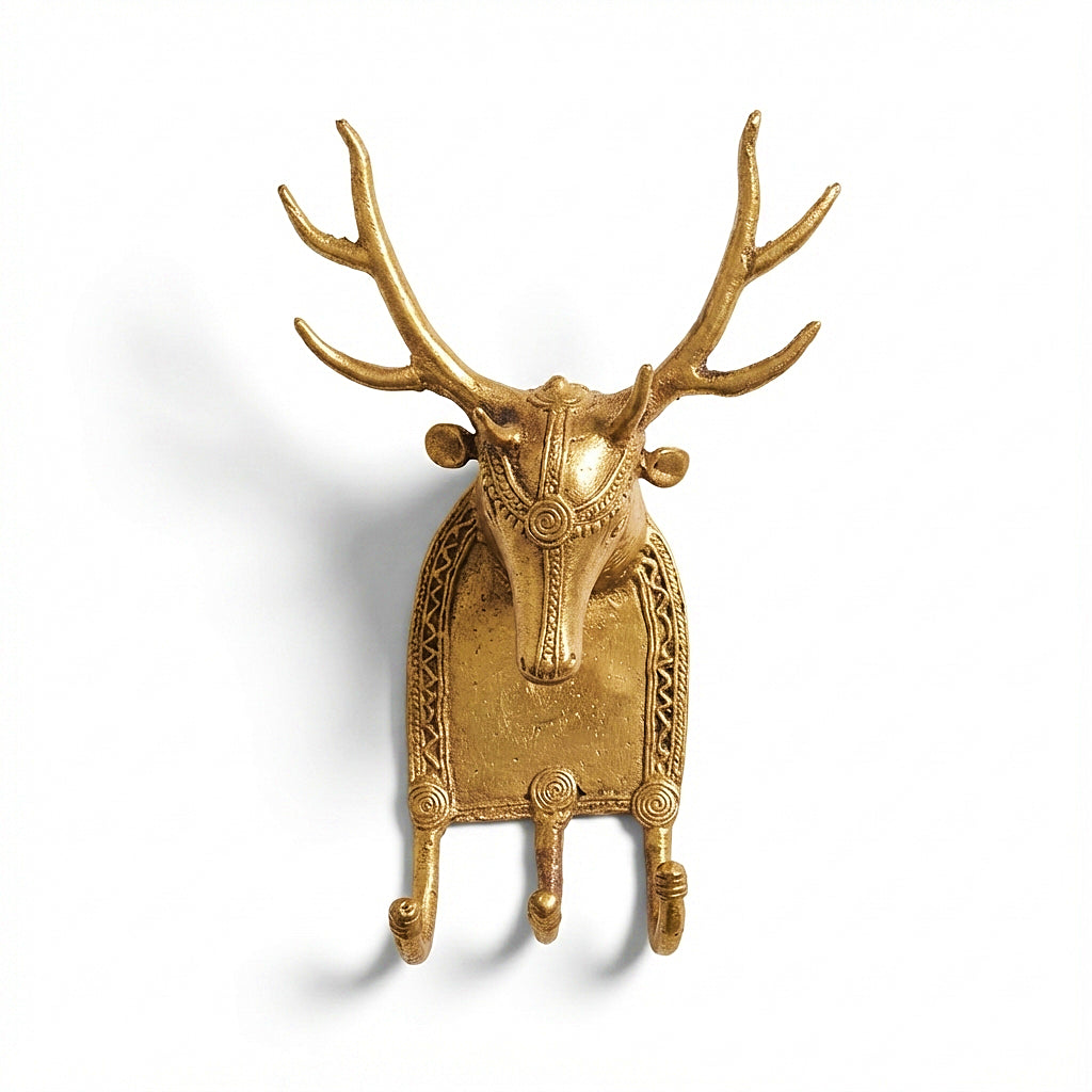 Golden Dhokra Deer Key Hanger | Handmade Bronze Deer Antler Wall Key Holder