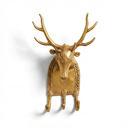 Golden Dhokra Deer Key Hanger | Handmade Bronze Deer Antler Wall Key Holder