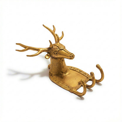 Golden Dhokra Deer Key Hanger | Handmade Bronze Deer Antler Wall Key Holder