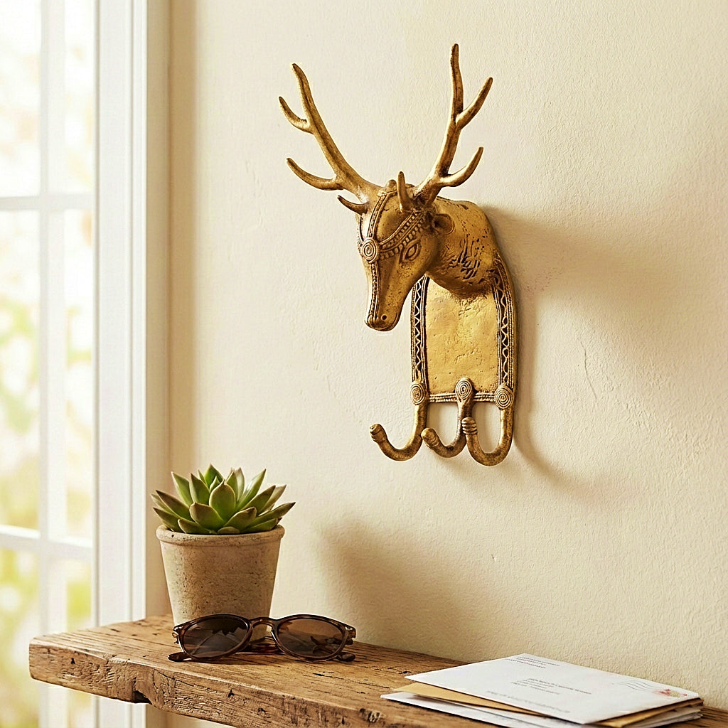 Golden Dhokra Deer Key Hanger | Handmade Bronze Deer Antler Wall Key Holder